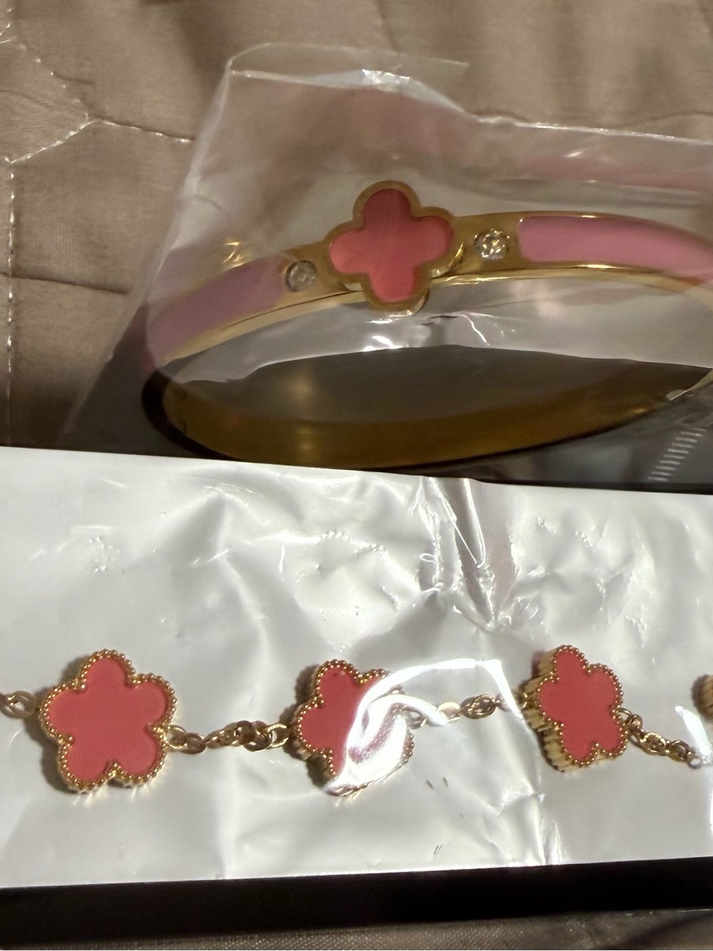 Gold-Tone Pink Clover Bangle and Bracelet Set